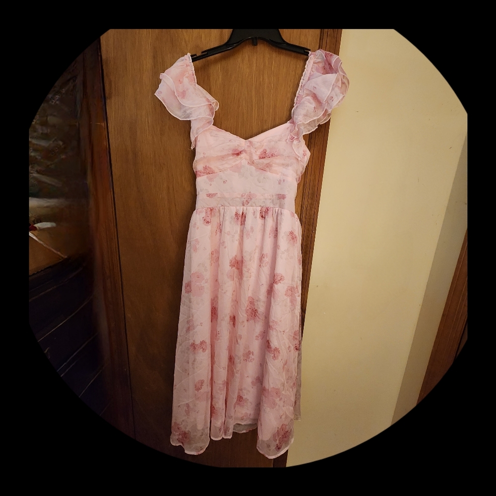 Loveliest Darling Light Pink Floral Ruffled Tie-Back Midi Dress